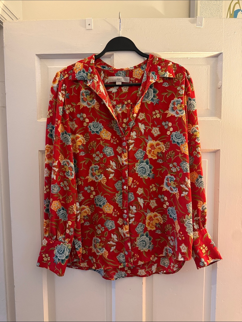 LOFT Red Floral Button-Down Blouse with Yellow & Teal Accents
